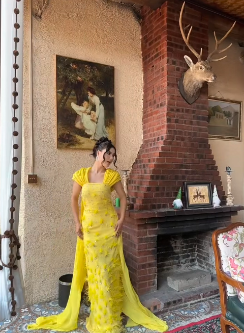 Gorgeous Yellow Off Shoulder Sheath Chiffon Long Prom Dresses Modest Formal Evening Dresses ED03615