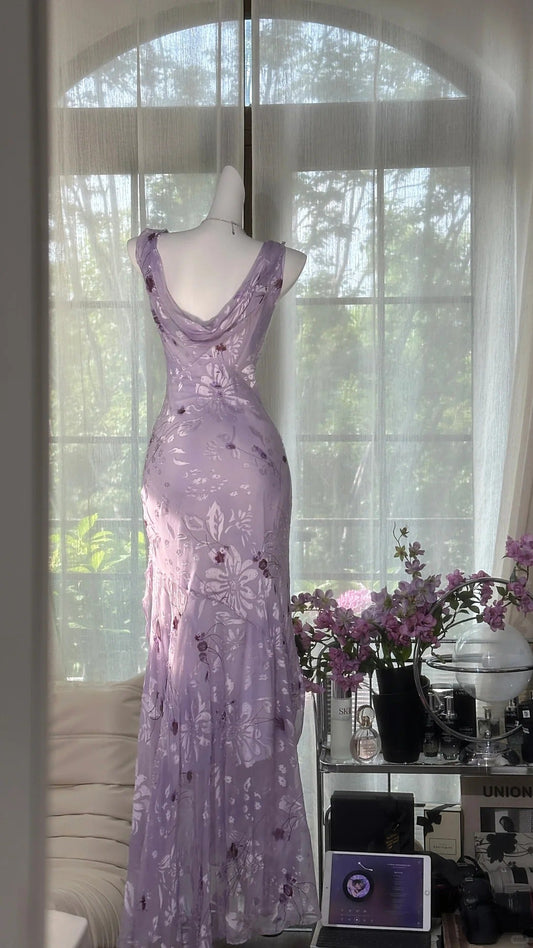 Glam Vintage Sheath Prom Dresses Chiffon Floral Purple Long Formal Dresses Beaded Wedding Guest Dresses ED03618