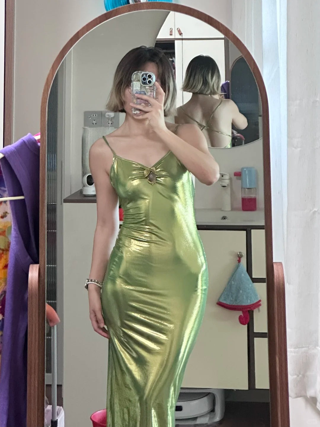 Modest Green Bodycon Birthday Dress Satin Elegant Spaghetti Strap Evening Dress Backless Wedding Guest Dress ED03627