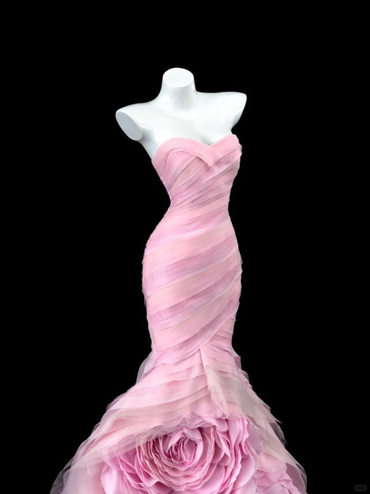 Modest Pink Strapless Long Evening Gowns Tulle Applique Stunning Mermaid Quinceanera Dress Wedding Guest Dress ED03629