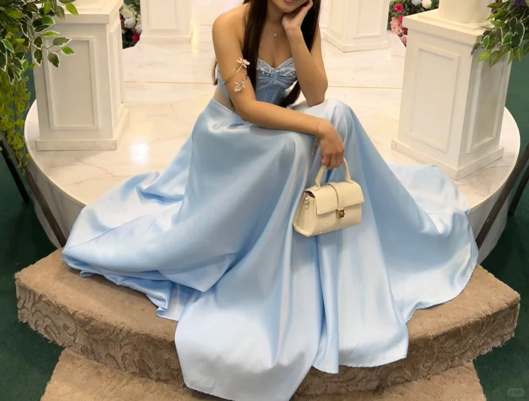 Modest A-Line Sky Blue Evening Gowns Sweetheart Neck Formal Dresses Satin Elegant 18th Birthday Outfit ED03635