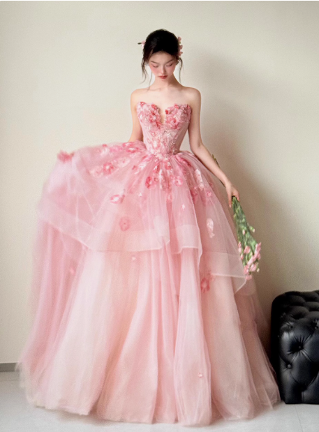 Stunning Ball Gown Sweetheart Neck Quinceanera Dress Pink Wedding Dress Tulle Applique Sweet Birthday Prom Dress ED03722