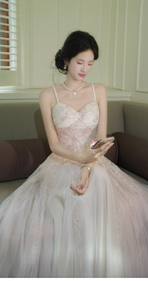 Stunning Spaghetti Strap A-Line Long Prom Dress Sequined Tulle Formal Dress Sweet Birthday Outfit ED03725