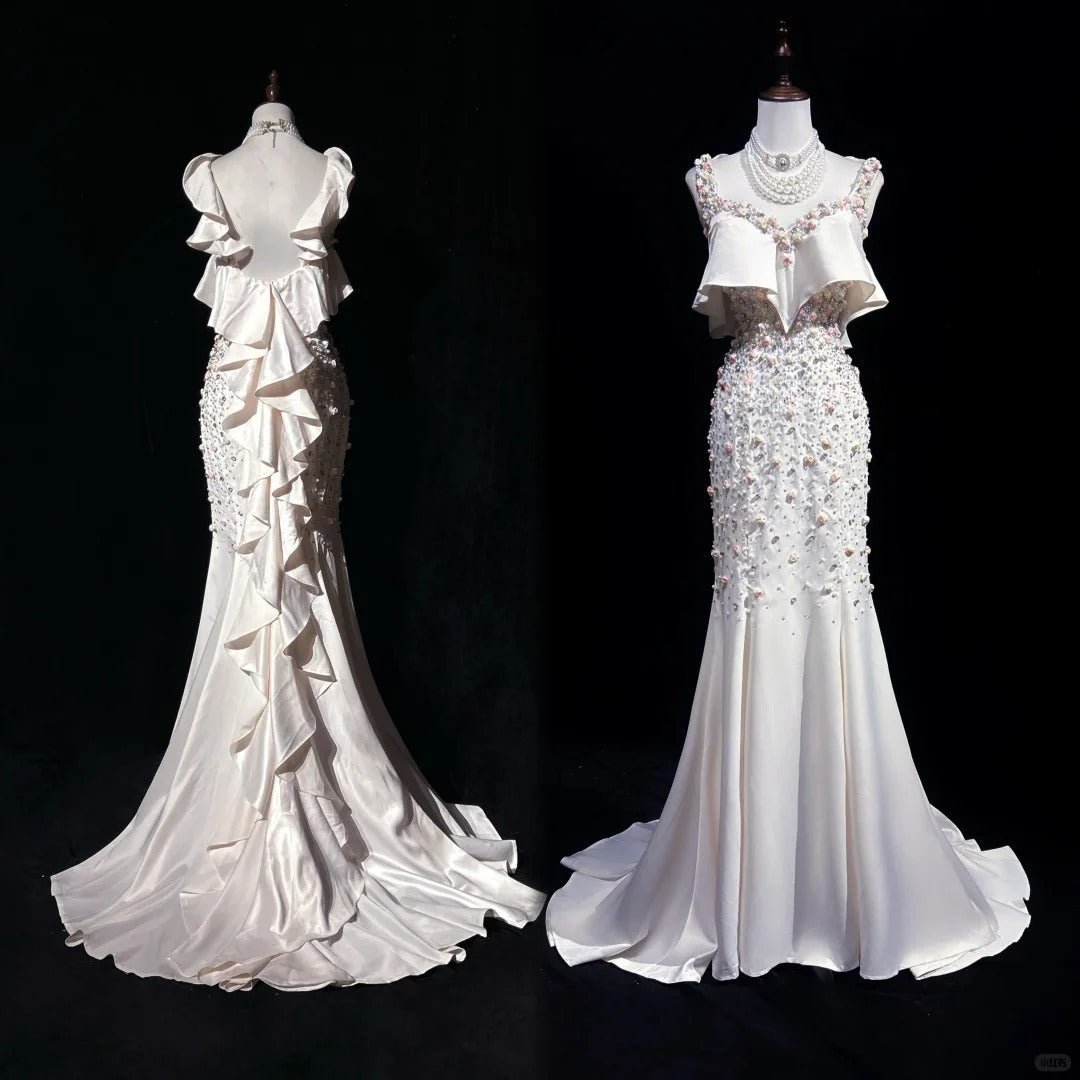 Vintage Mermaid V-neck Long Prom Dress Elegant Beaded Formal Dress Backless Evening Gowns ED03726