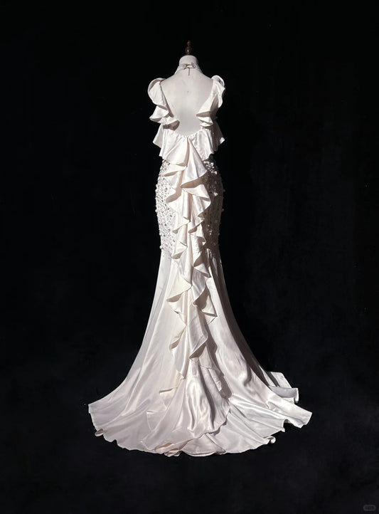 Vintage Mermaid V-neck Long Prom Dress Elegant Beaded Formal Dress Backless Evening Gowns ED03726