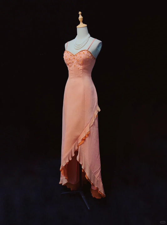 Vintage Sheath Spaghetti Strap Long Prom Dress Fairytale Chiffon Beaded Formal Dress Coral Birthday Party Dress ED03727