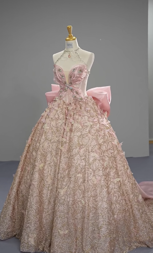 Fairytale Pink Ball Gown Halter Long Prom Dress Halter Neck Beaded Quinceanera Dress 3D Butterfly Sweet 18 Dress ED03728