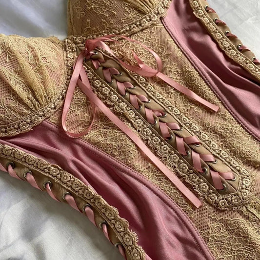 Elegant Pink Sheath Spaghetti Strap Prom Dress Satin Lace Vintage Birthday Party Dress Evening Gown ED03729