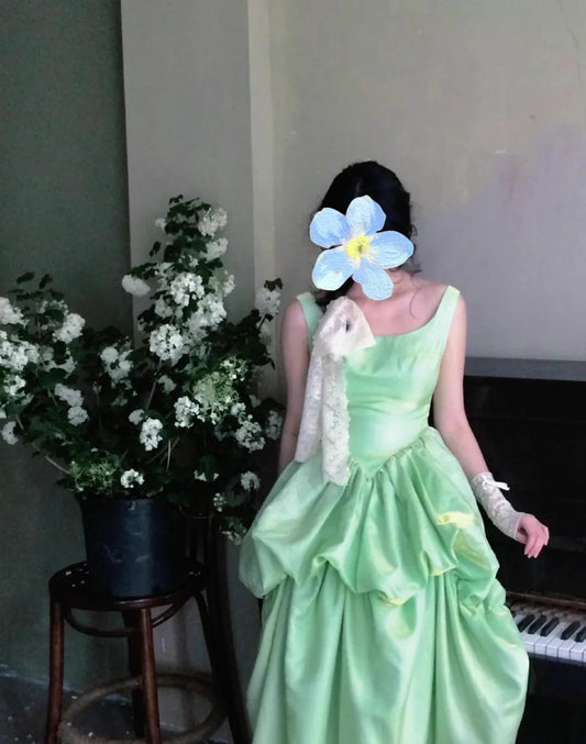 Sweet Green Ball Gown Boat Neck Long Prom Dress Satin Birthday Party Dress Formal Evening Dress ED03730