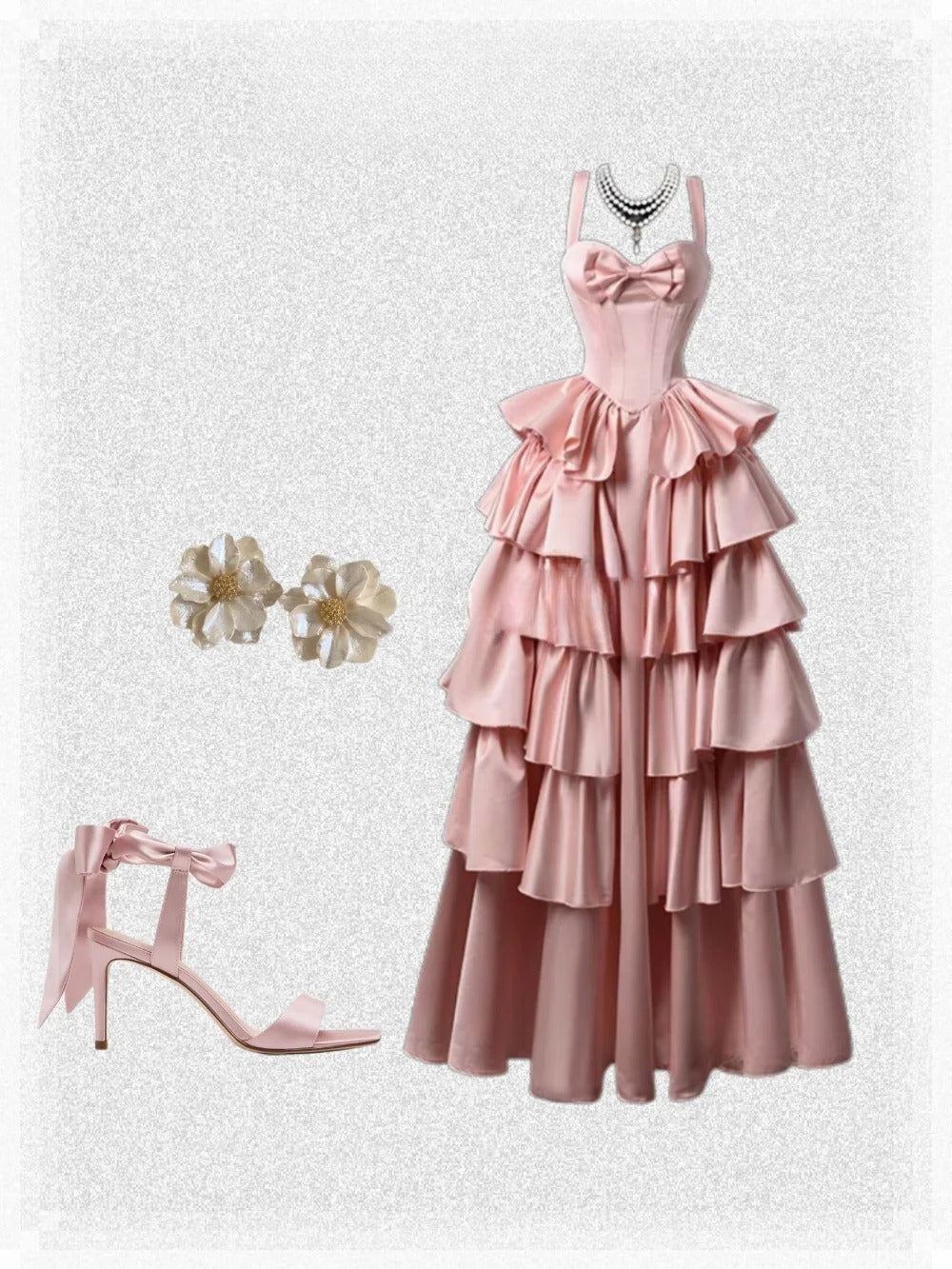 Sweet Pink Spaghetti Strap Ball Gown Birthday Dress Long Prom Dress Satin Tiered Evening Dress ED03732