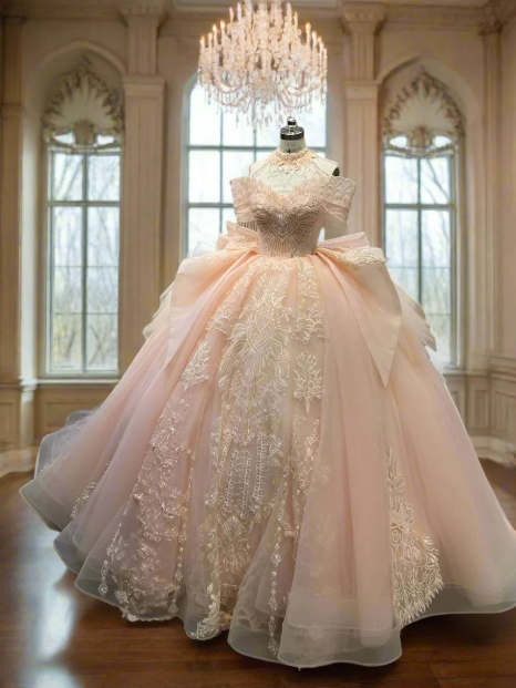 Sweet Pink Off-the-shoulder Ball Gown Birthday Dress Tulle Beaded Long Prom Dress Applique Quinceanera Dress ED03733