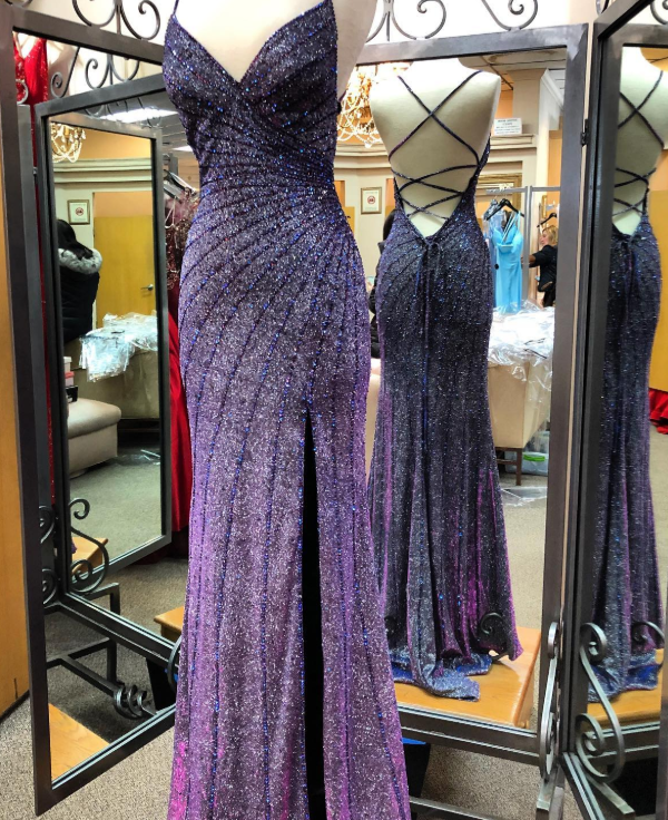 Elegant Dark Purple V-neck Mermaid Evening Gowns Glitter Beaded Long Prom Dress Slit Backless Party Dress ED03740