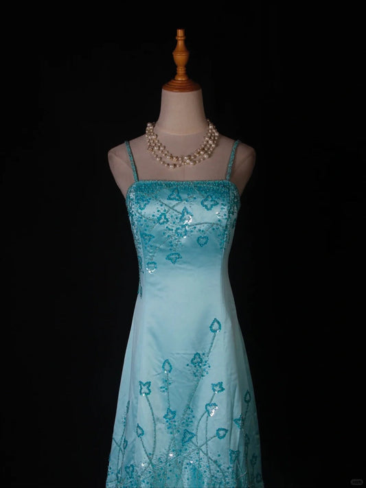 Vintage A-Line Spaghetti Strap Long Prom Dresses Blue Satin Beaded Evening Dress Elegant Formal Dress ED03743