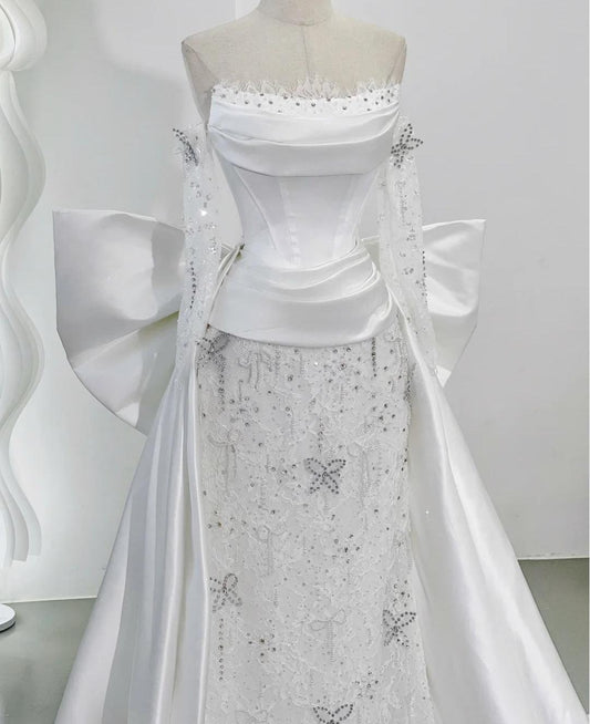 Modest Off-the-shoulder Ball Gown Mermaid Wedding Dress Lace Satin Bridal Dress Elegant White Bridal Gown ED03746