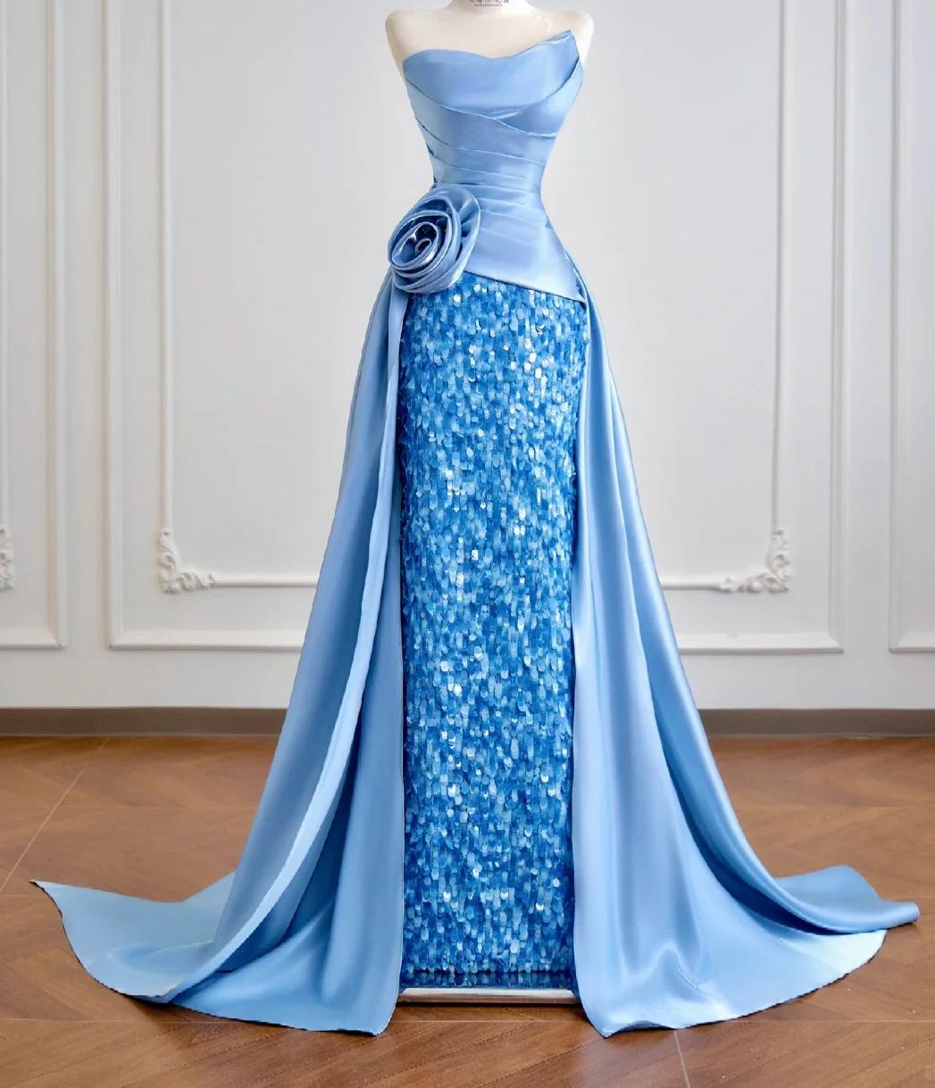 Modest Strapless Sheath Long Evening Dress Satin Blue Prom Dress Sparkly Graduation Dress ED03748