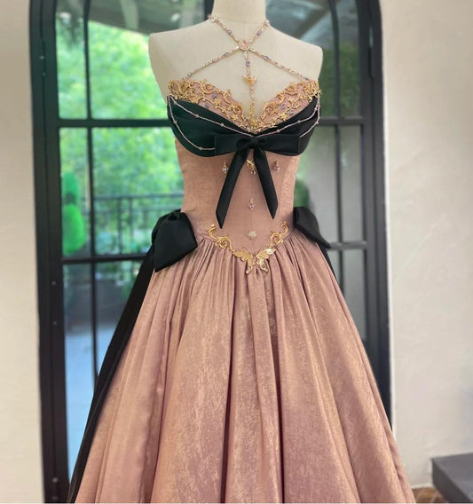 Sweet Halter Neck Pink Ball Gown Quinceanera Dress Satin Birthday Dress Fashion Prom Dress ED03750