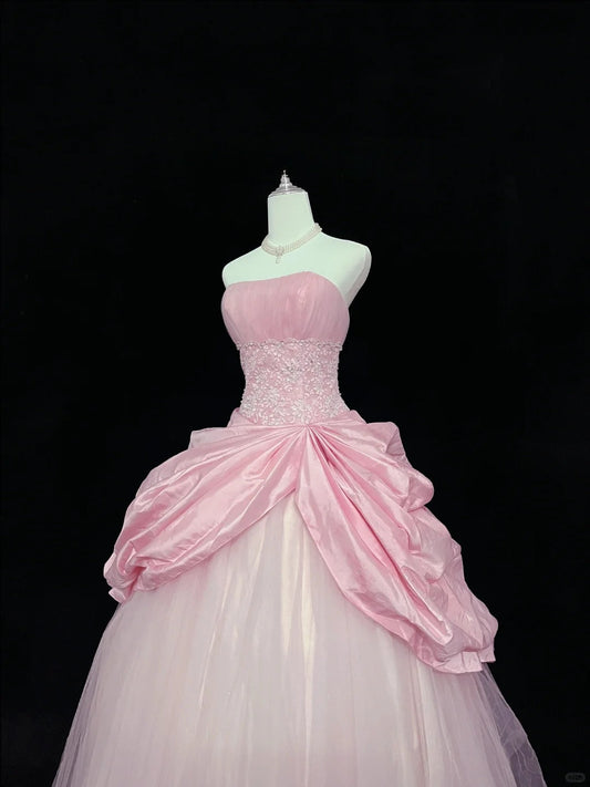 Vintage Pink Strapless Long Ball Gown Evening Dress Tulle Sweet 16 Birthday Dress Lace Prom Dress ED03752