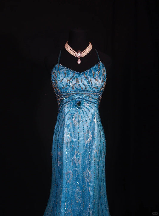 Vintage Blue Halter Mermaid Evening Dress Elegant Tulle Lace Long Prom Dress Party Dress ED03753