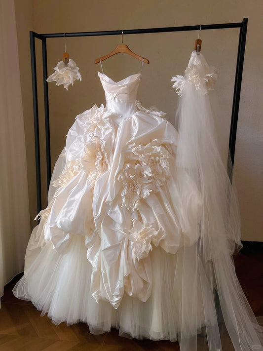 Glam Champagne Strapless Ball Gown Wedding Dress Tulle Satin Bridal Dress with Veil ED03770