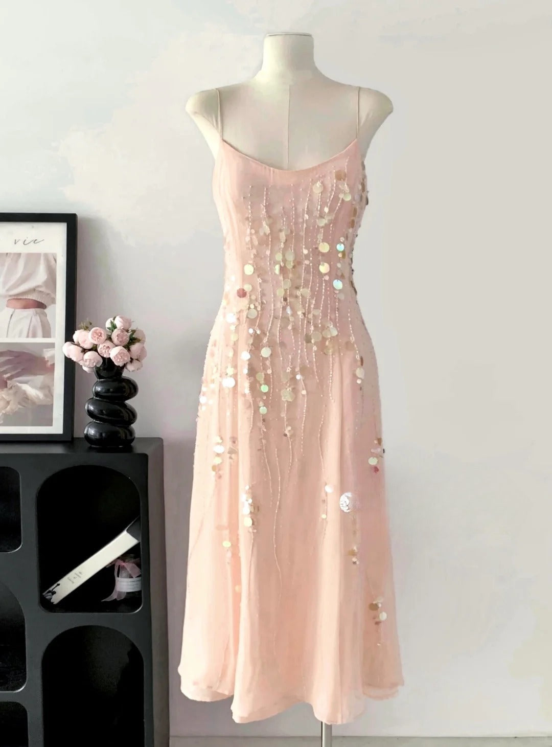 Vintage Spaghetti Strap Sheath Short Birthday Dress Blush Pink Sequin Chiffon Party Dress Homecoming Dress ED03772