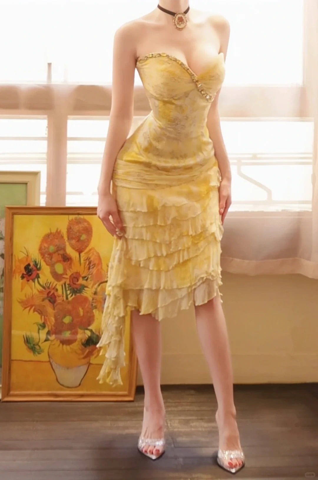 Vintage Sweetheart Neck Sheath Short Birthday Dress Yellow Chiffon Party Dress Homecoming Dress ED03773