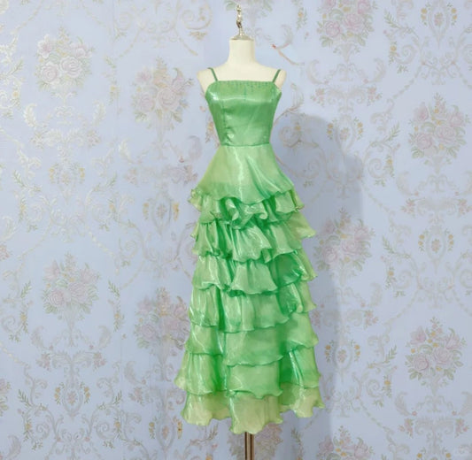 Vintage Spaghetti Strap Ball Gown Evening Dress Green Satin Tiered Party Dress ED03775