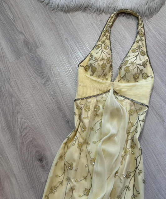 Vintage Halter Sheath Long Prom Dress Yellow Beaded Chiffon Formal Dress Backless Evening Gown ED03777