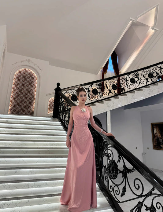 Elegant Pink V-Neck A-Line Long Prom Dress Satin Evening Dress Bridesmaid Dress ED03779