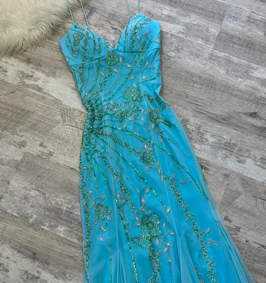 Vintage Blue Sheath Spaghetti Strap Long Prom Dress Beaded Chiffon Evening Dress Stunning Formal Dress ED03791