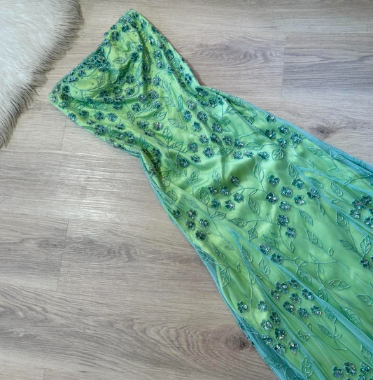 Green Vintage Sheath Strapless Evening Gown Elegant Beaded Chiffon Formal Dress Long Prom Dress ED03793