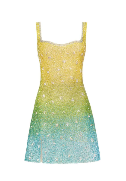 Sparkly Yellow/Turquoise Sheath Spaghetti Straps Short Formal Dress Elegant Beaded Birthday Outfit Homecoming Dress ED03830