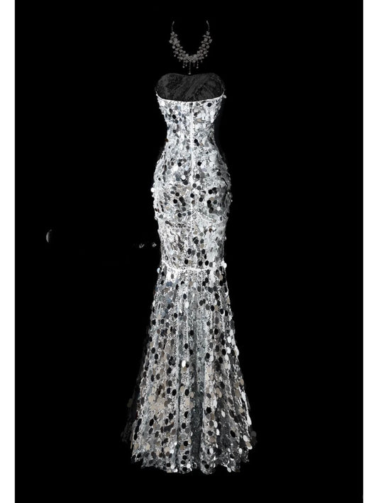 Elegant Mermaid Sweetheart Neck Evening Dress Modest Silver Sequined Formal Dress Long Prom Dress ED03837