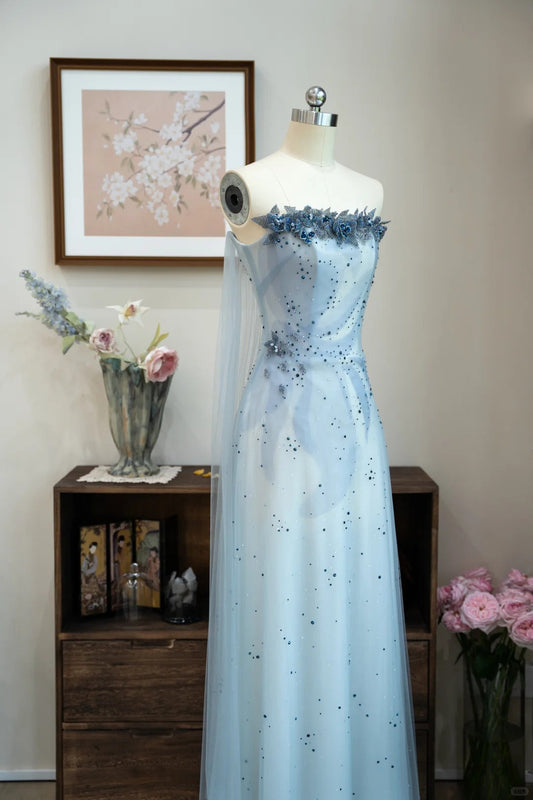 Elegant Strapless Sheath Applique Evening Dress Blue Tulle Beaded Formal Dress Sweet Birthday Dress ED03841