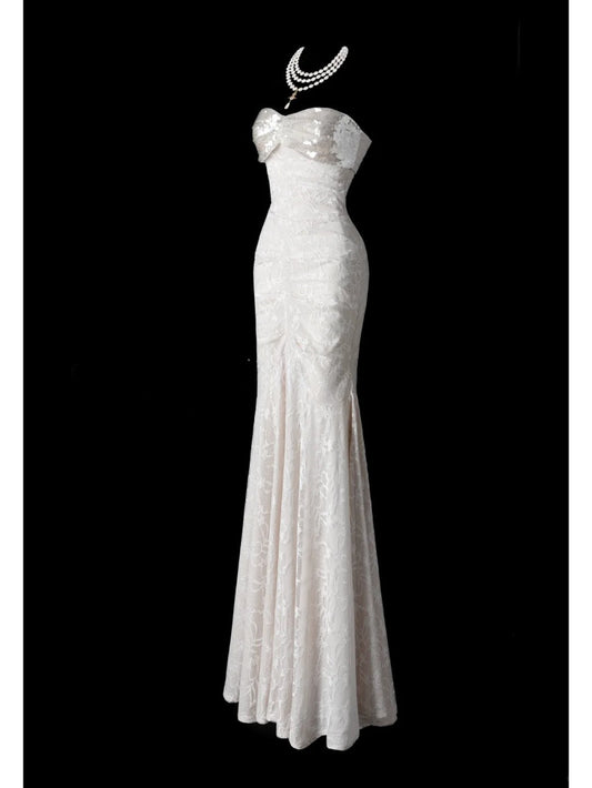 Vintage Mermaid Evening Gown Glamour Lace Sequin Long Prom Dresses Sweetheart Neck Formal Dress ED03859