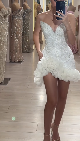 Fashion White Bodycon Formal Dress Sweetheart Neck Party Dress Birthday Dress Tulle Beaded Short Hoco Dresses ED03876