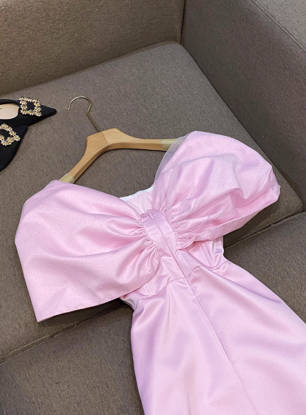 Elegant Off-the-shoulder Sheath Formal Dresses Cute Pink Satin Hoco Dresses Birthday Outfit Party Dress ED03918