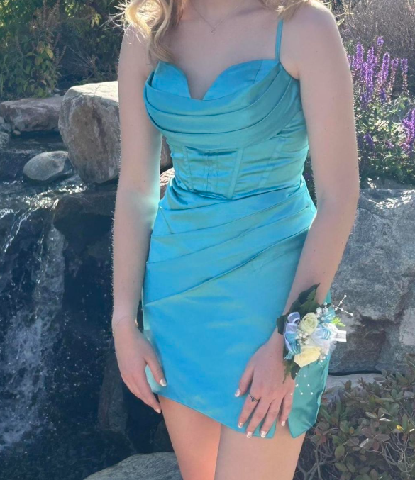 Fashion Blue Bodycon Short Homecoming Dress Spaghetti Strap Satin Formal Dress Graduation Party Dress ED03937