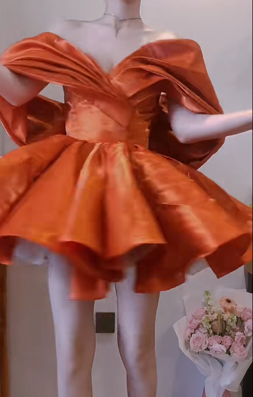 Sexy Orange Ball Gown Birthday Outfit Off-the-Shoulder Short Homecoming Dress Fairy Satin Formal Dress ED03943
