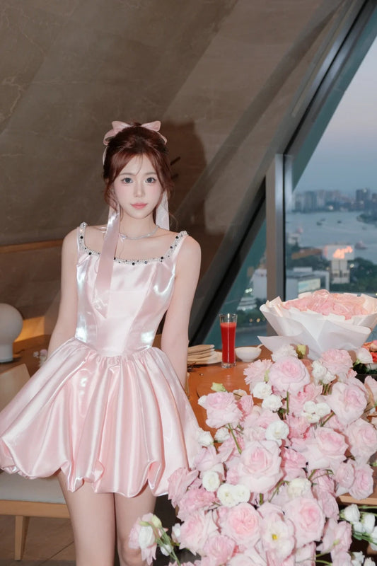 Cute Pink Ball Gown Birthday Dress Strap Short Homecoming Dress Beaded Satin Formal Dress ED03948