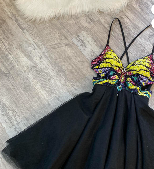 Cute A-Line Spaghetti Strap Short Prom Dress Black Homecoming Dress Tulle Sequin Formal Dress ED04092