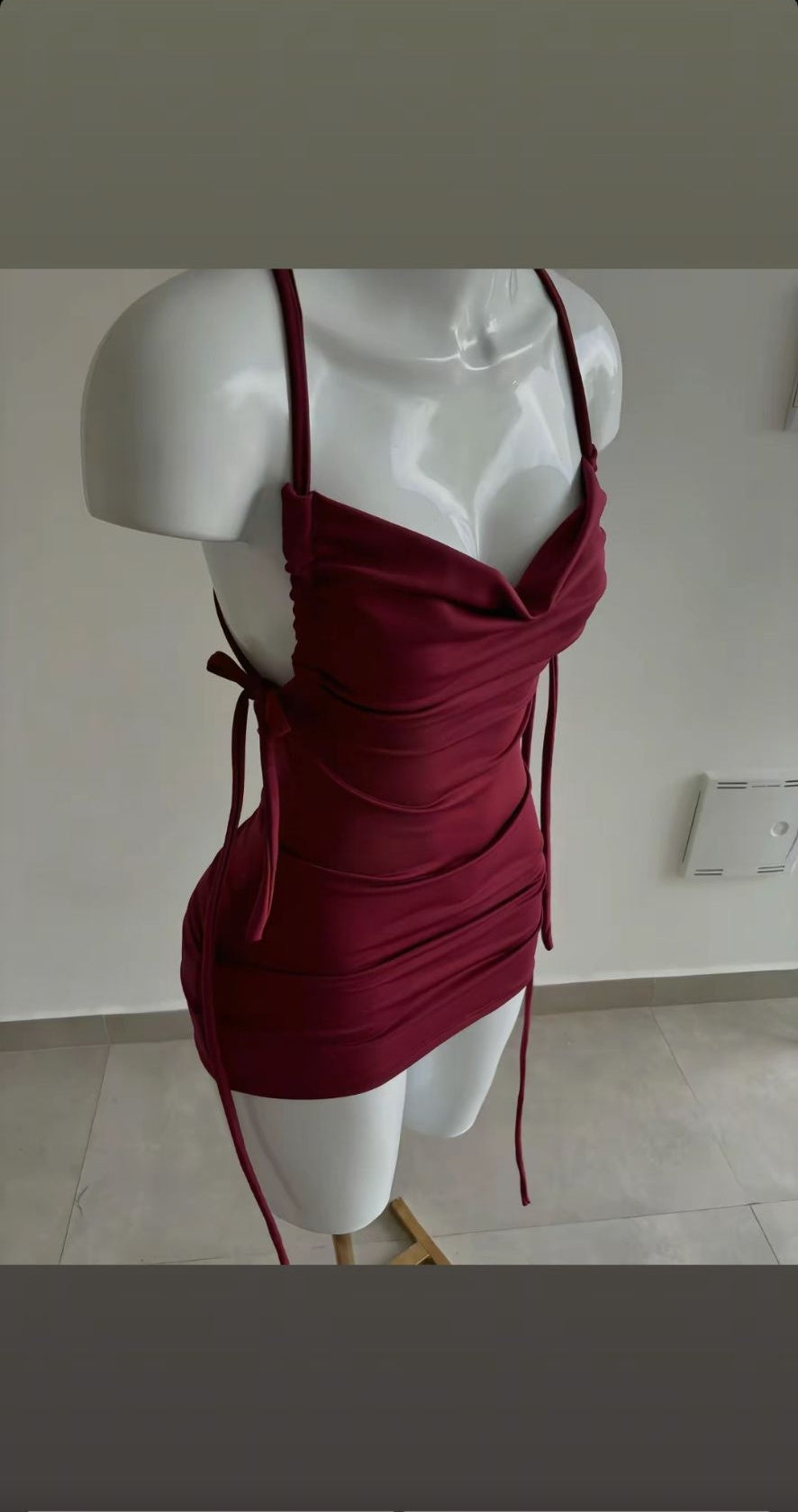 Sexy Bodycon Spaghetti Strap Formal Dress Short Party Dress Satin Burgundy Homecoming Dress ED04100