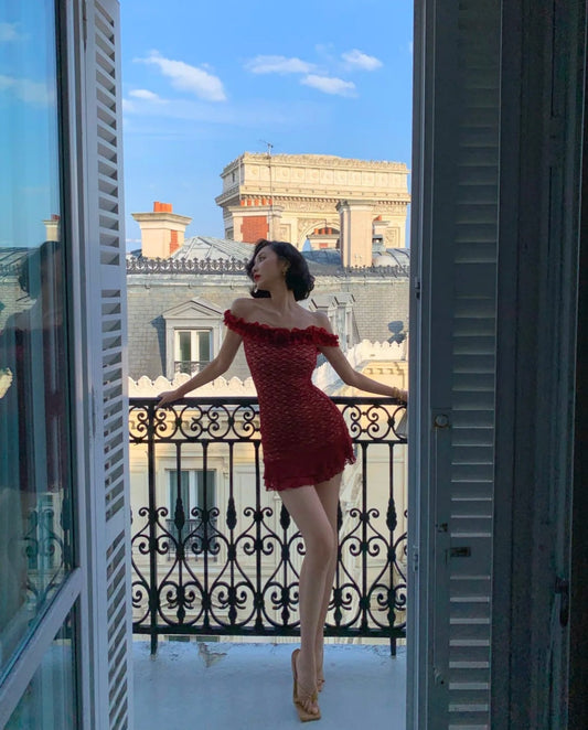 Sexy Bodycon Burgundy Birthday Dresses, Lace Homecoming Dresses, Off-the-shoulder Short Prom Dresses ED04176