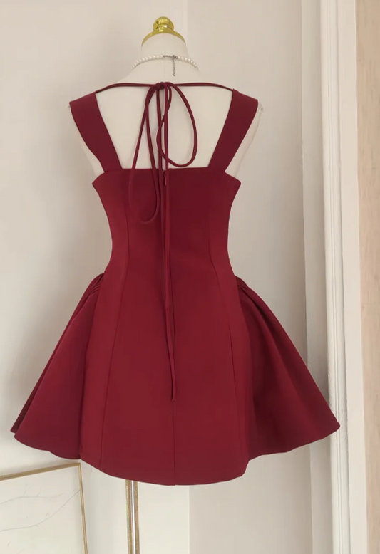 Cute Square Neck A-Line Satin Short Prom Dresses, Burgundy Homecoming Dresses, Sweet Birthday Dresses ED04272
