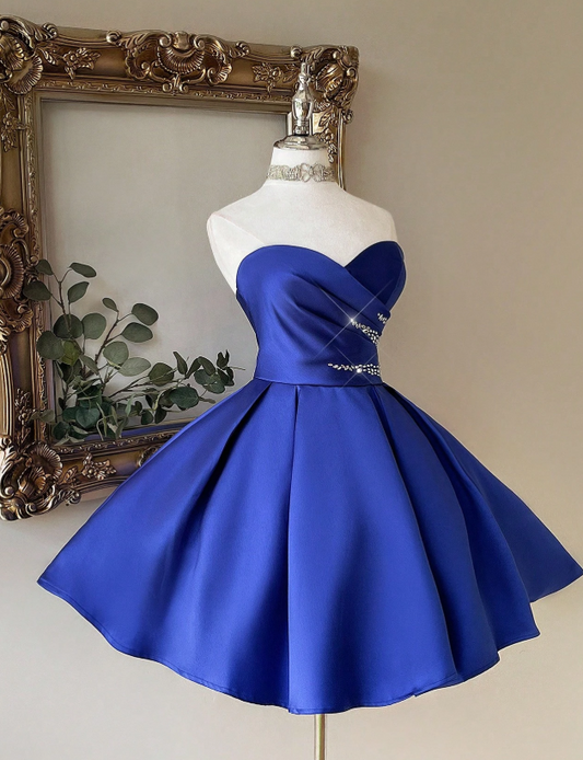 Chic Sweetheart Neck A-Line Birthday Dresses Royal Blue Homecoming Dresses Satin Sleeveless Party Dresses ED04585