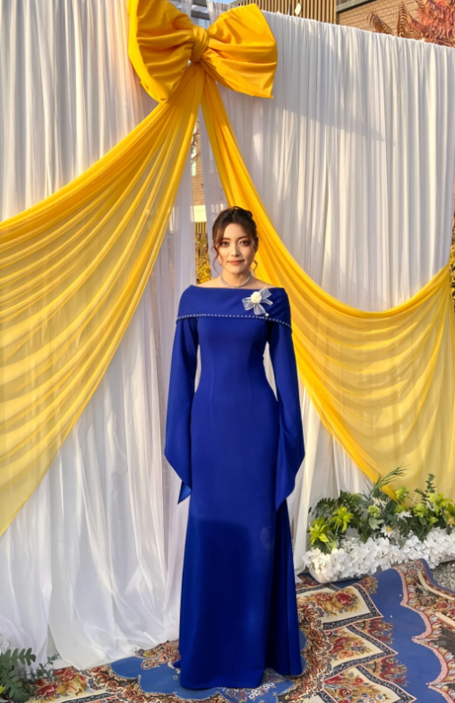 Glam Bateau Sheath Royal Blue Long Prom Dresses Long Sleeves Royal Blue Wedding Guest Dresses ED05307