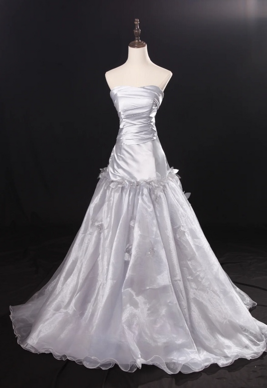 Fairy A-Line Light Grey Long Prom Dresses Strapless Satin Tulle Light Grey Birthday Dresses ED05317