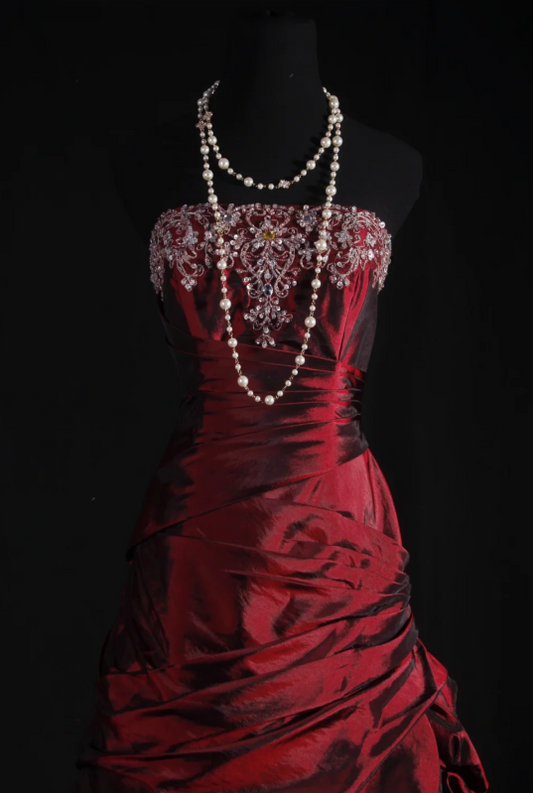 Fairy A-Line Burgundy Long Prom Dresses Strapless Satin Beaded Burgundy Birthday Dresses Sleeveless Formal Dresses ED05318