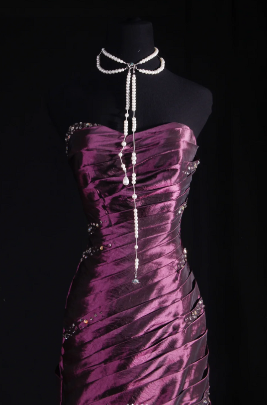 Fairy Mermaid Grape Long Prom Dresses Strapless Satin Beaded Grape Birthday Dresses Sleeveless Formal Dresses ED05319