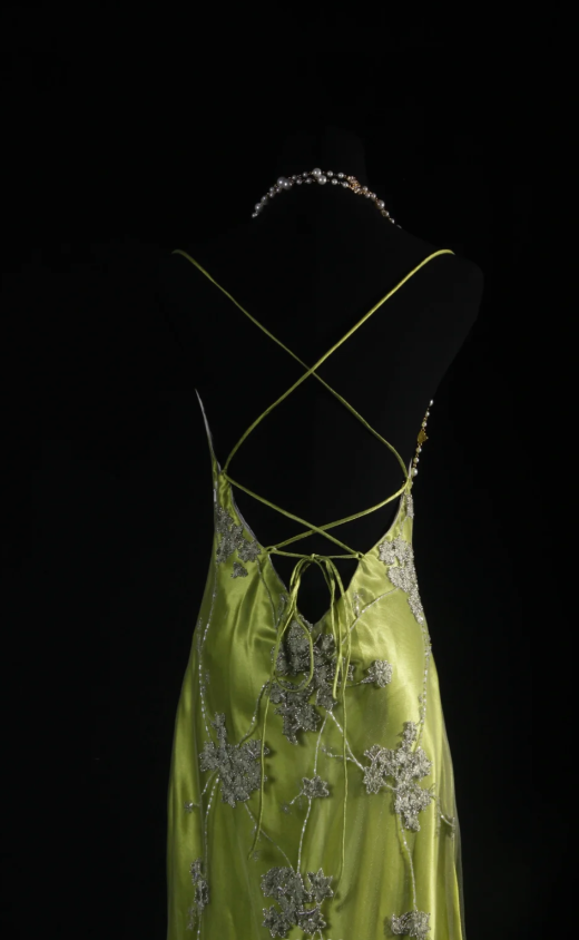 Vintage Sheath Green Long Prom Dresses Spaghetti Straps Satin Beaded Green Birthday Dresses Sleeveless Formal Dresses ED05320