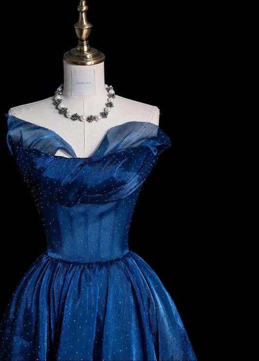 Glitter Strapless A-Line Long Prom Dresses,Satin Beaded Blue Birthday Dresses ED05363